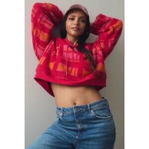 Anthropologie Porridge Quinn Sherpa Fleece‎ Hoodie Pink Orange Cropped Cozy XL